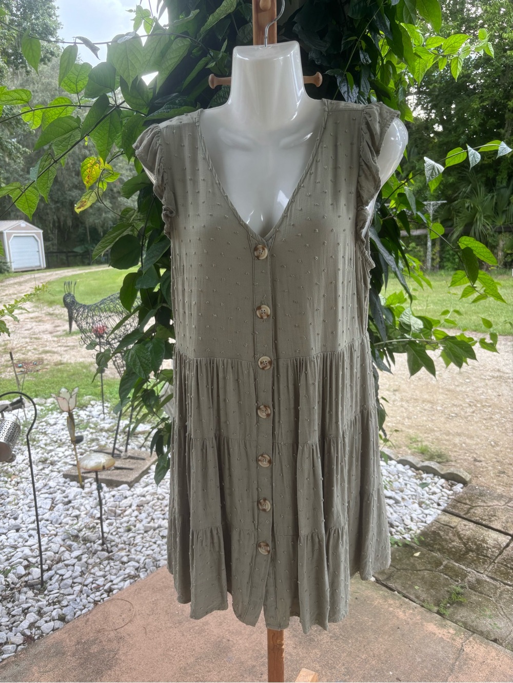 Altar'd State Sage Green Button-Front Tiered Dress